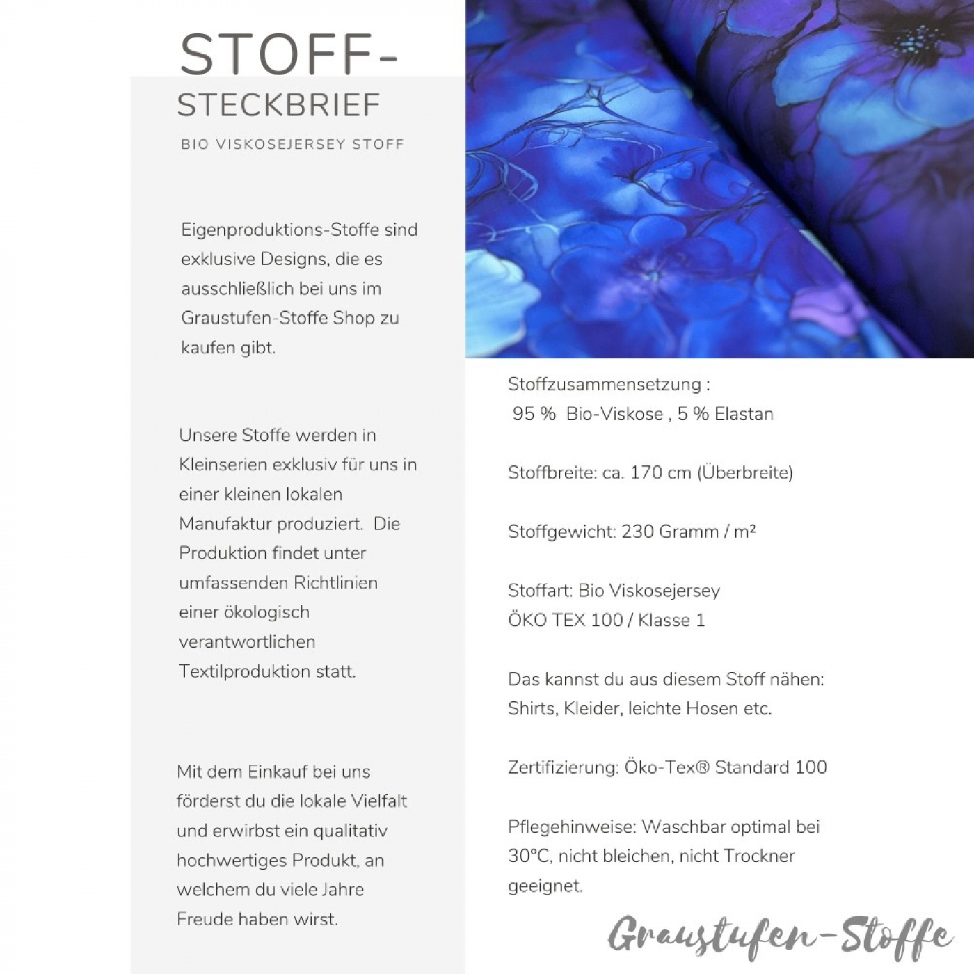 Reststück 250 cm, Bio Viskosejersey mit Überbreite (Stoffbreite ca. 170 cm): Eigenproduktion Blossom  (Bordüre) von Graustufen-Stoffe